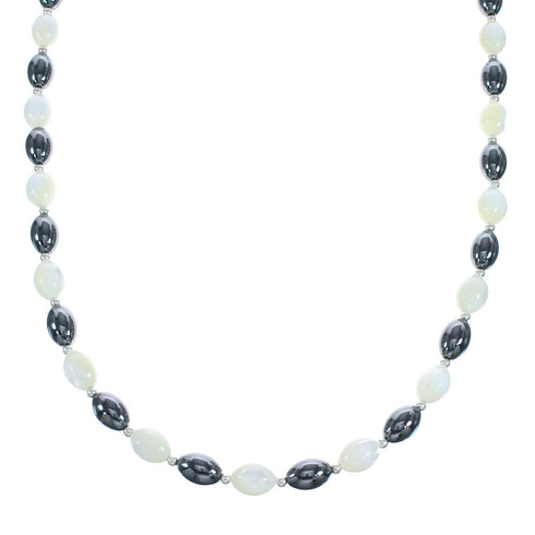 Hematite and Mother of Pearl Genuine Sterling Silver Bead Necklace JX121625